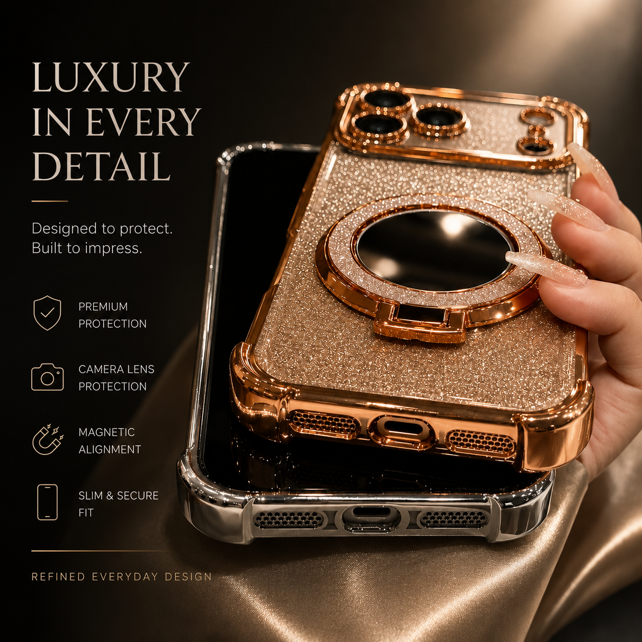 Premium iPhone Case Glitter Mirror Magnetic Bracket Protective Cover Shockproof Silicone Anti Scratch Non Slip Kickstand Lightweight Full Coverage Design