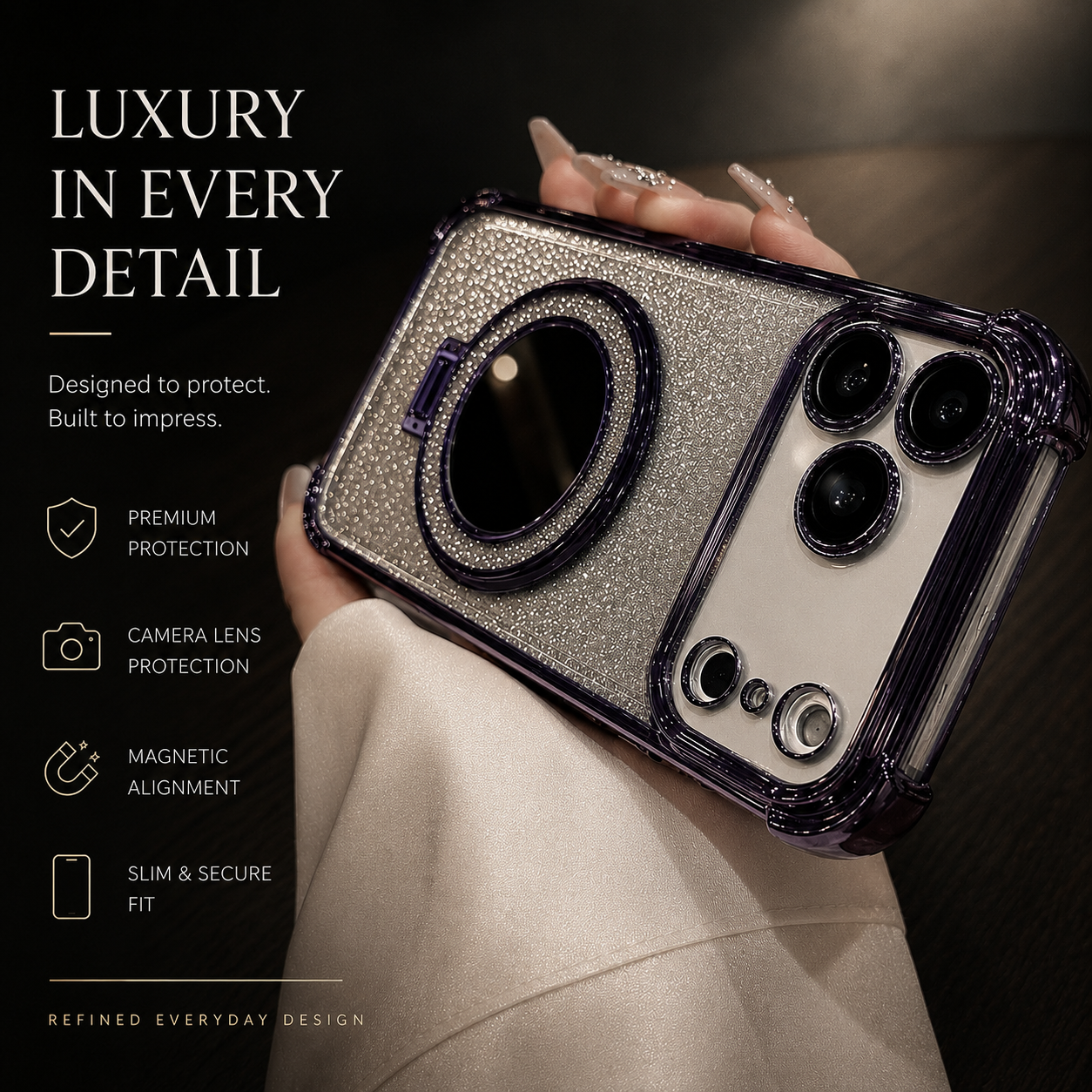 Premium iPhone Case Glitter Mirror Magnetic Bracket Protective Cover Shockproof Silicone Anti Scratch Non Slip Kickstand Lightweight Full Coverage Design