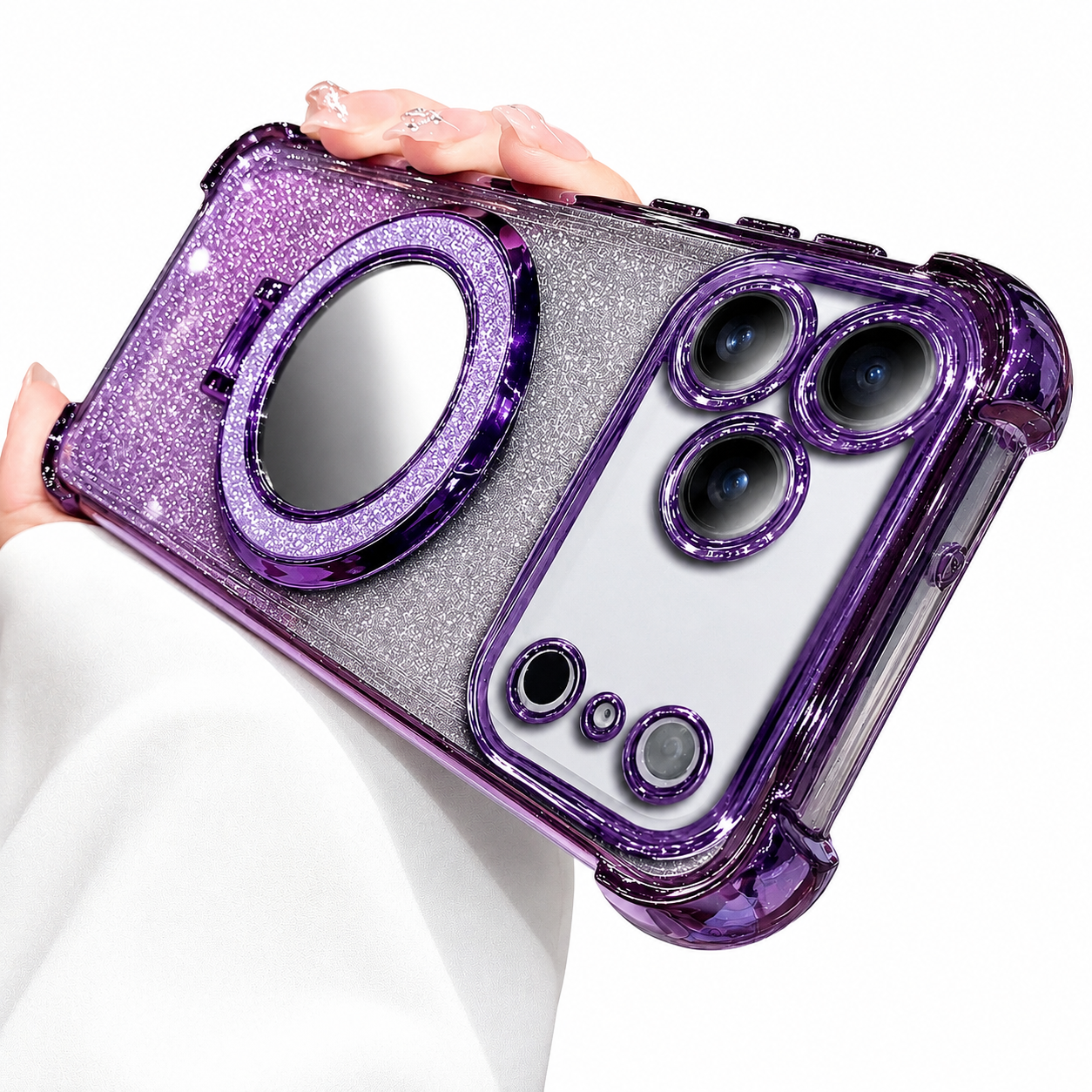 Premium iPhone Case Glitter Mirror Magnetic Bracket Protective Cover Shockproof Silicone Anti Scratch Non Slip Kickstand Lightweight Full Coverage Design