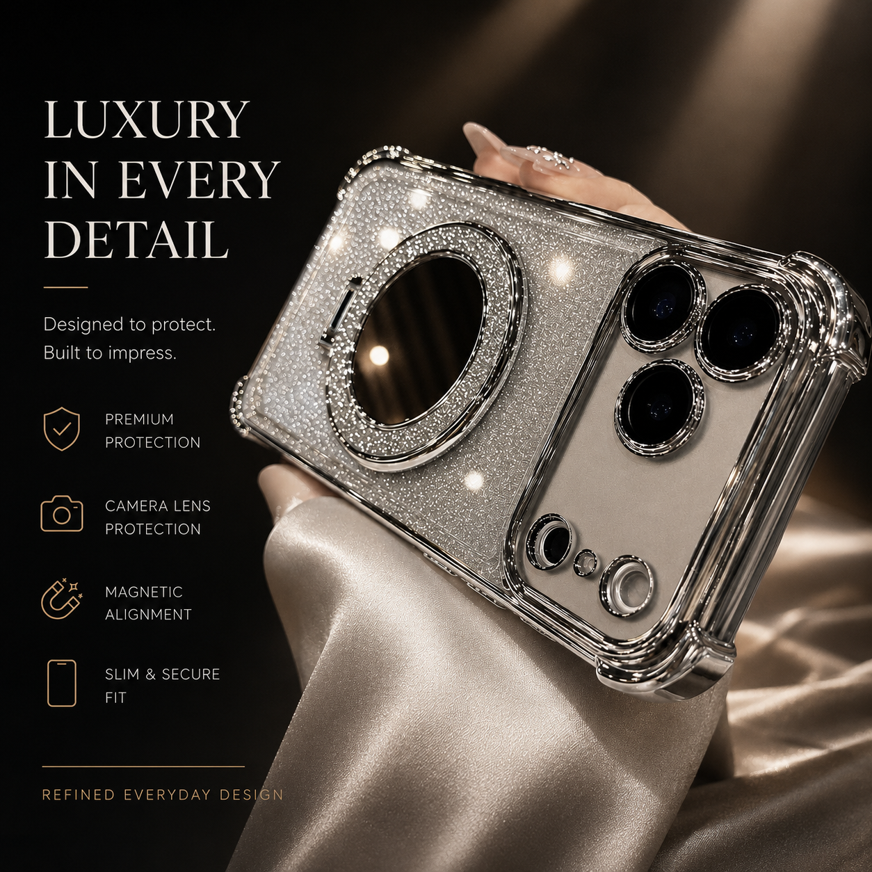 Premium iPhone Case Glitter Mirror Magnetic Bracket Protective Cover Shockproof Silicone Anti Scratch Non Slip Kickstand Lightweight Full Coverage Design