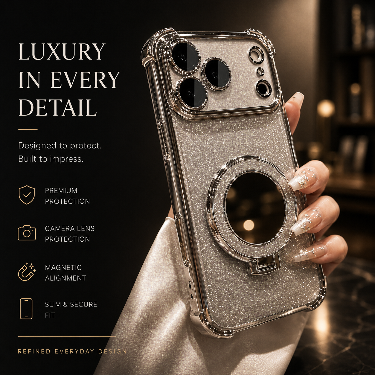 Premium iPhone Case Glitter Mirror Magnetic Bracket Protective Cover Shockproof Silicone Anti Scratch Non Slip Kickstand Lightweight Full Coverage Design