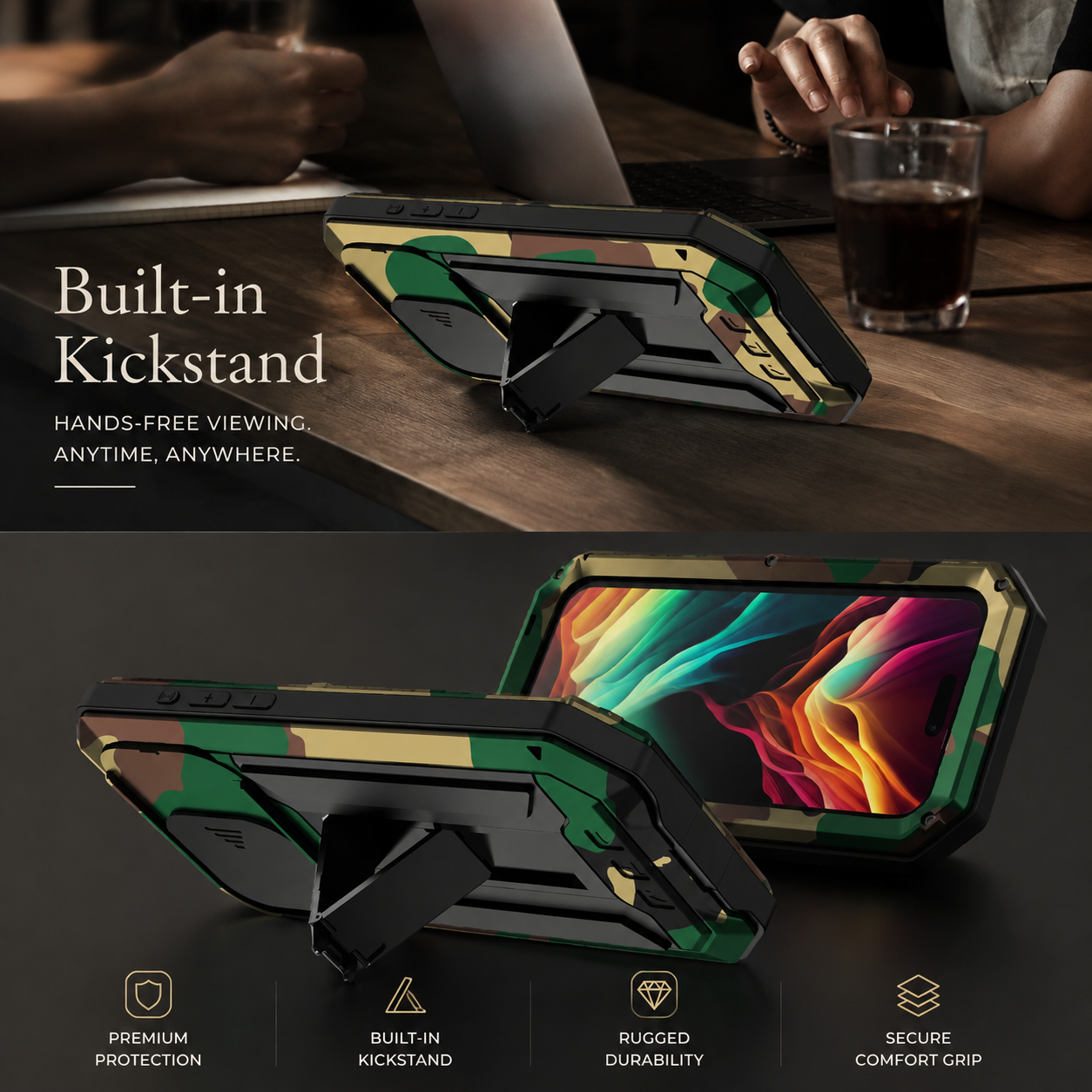Premium iPhone Case Heavy Duty Aluminum Metal Full Body Protective Cover Tempered Glass Screen Protector Camera Lens Slider Shockproof Kickstand Wireless Charging Compatible