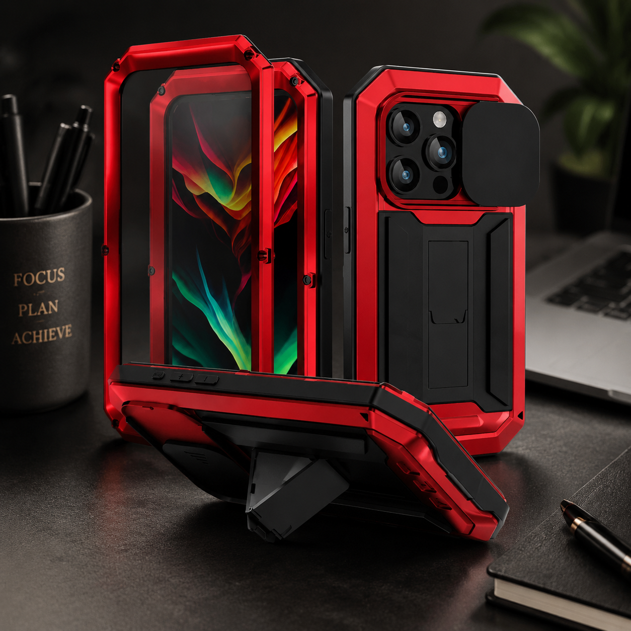 Premium iPhone Case Heavy Duty Aluminum Metal Full Body Protective Cover Tempered Glass Screen Protector Camera Lens Slider Shockproof Kickstand Wireless Charging Compatible