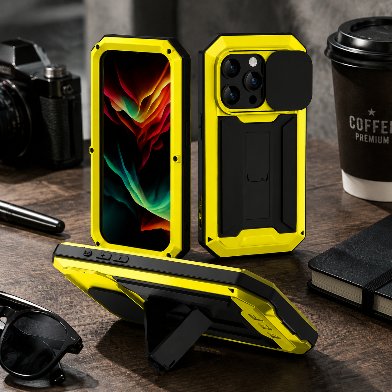 Premium iPhone Case Heavy Duty Aluminum Metal Full Body Protective Cover Tempered Glass Screen Protector Camera Lens Slider Shockproof Kickstand Wireless Charging Compatible