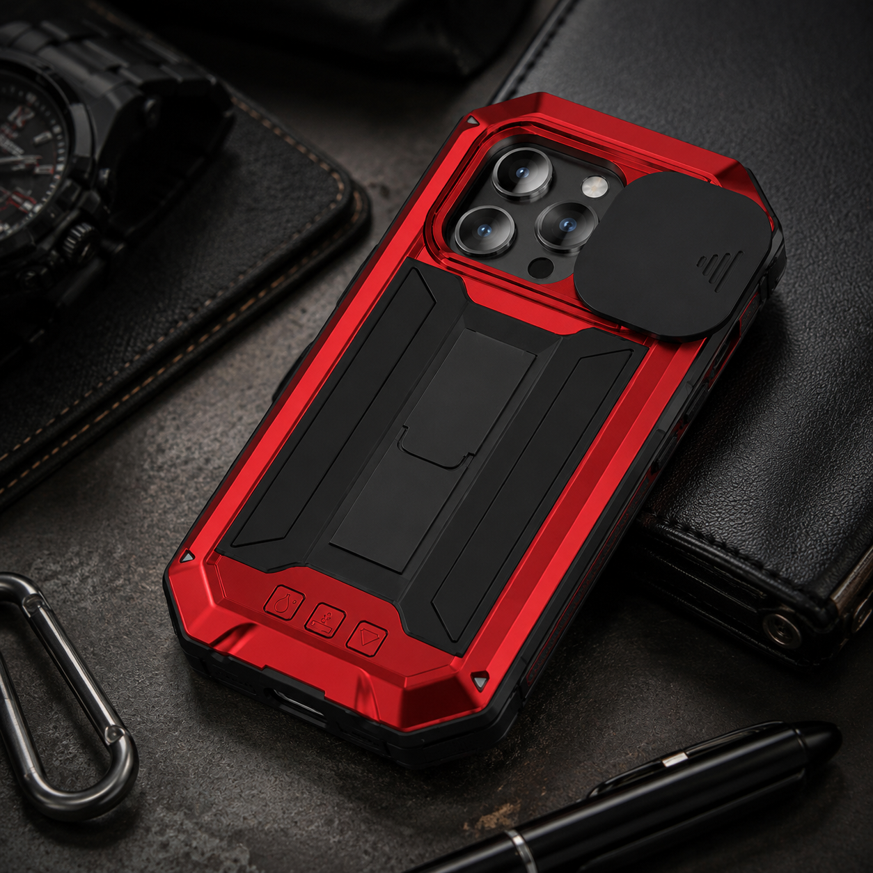 Premium iPhone Case Heavy Duty Aluminum Metal Full Body Protective Cover Tempered Glass Screen Protector Camera Lens Slider Shockproof Kickstand Wireless Charging Compatible
