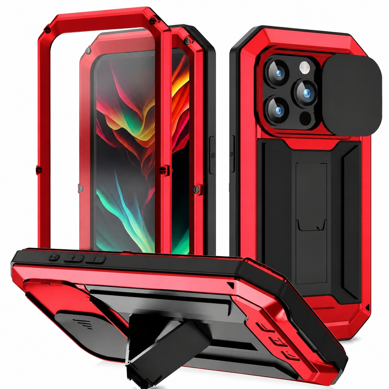 Premium iPhone Case Heavy Duty Aluminum Metal Full Body Protective Cover Tempered Glass Screen Protector Camera Lens Slider Shockproof Kickstand Wireless Charging Compatible