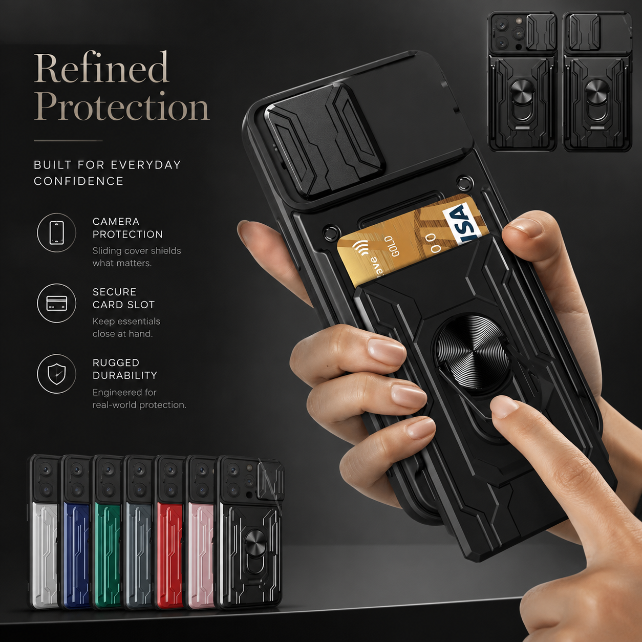 Premium iPhone Case Heavy Duty Armor Protective Cover Dual Layer Shockproof Card Holder 360° Ring Stand Magnetic Mount Compatible Full Coverage