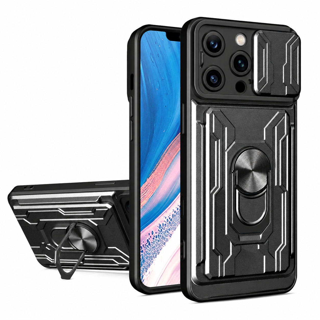 Premium iPhone Case Heavy Duty Armor Protective Cover Dual Layer Shockproof Card Holder 360° Ring Stand Magnetic Mount Compatible Full Coverage