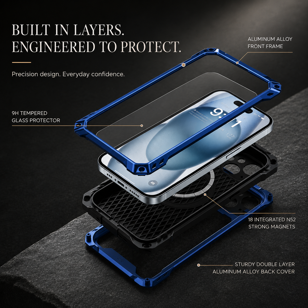 Premium iPhone Case Heavy Duty Metal MagSafe Compatible Protective Cover Military Grade Shockproof Aluminum Bumper Camera Guard Kickstand Anti Scratch Full Coverage