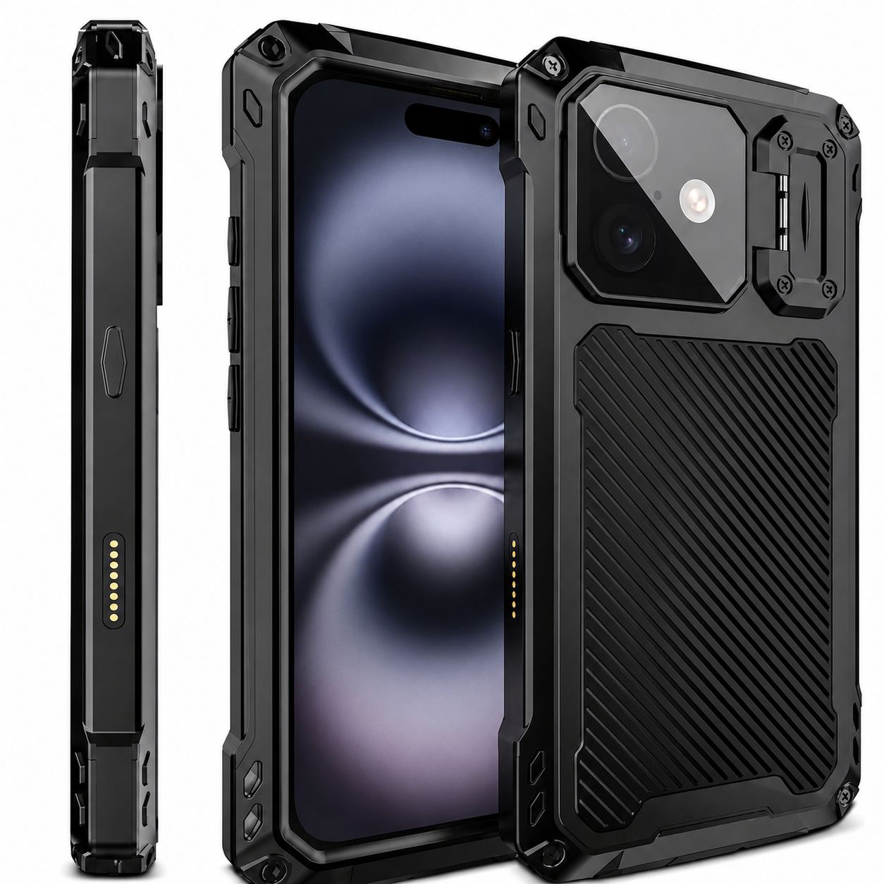 Premium iPhone Case Heavy Duty Metal MagSafe Compatible Protective Cover Military Grade Shockproof Aluminum Bumper Camera Guard Kickstand Anti Scratch Full Coverage