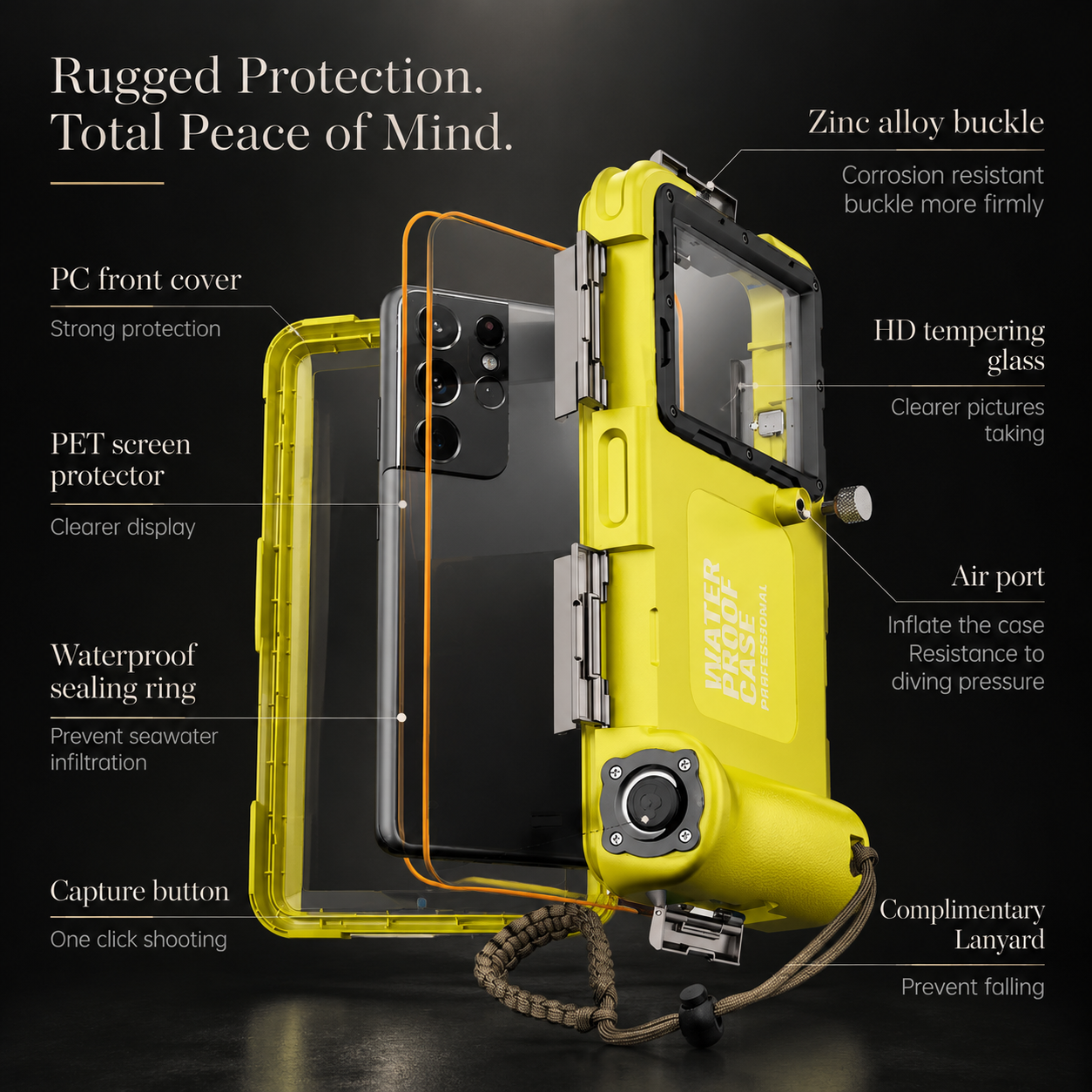Premium iPhone Case IP68 Waterproof Shockproof Protective Cover Full Body Anti Scratch Dustproof Underwater Diving Secure Lanyard
