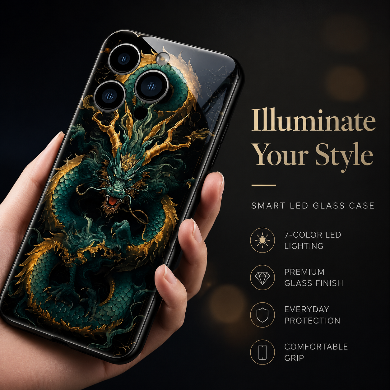 Premium iPhone Case LED Flash Sound Reactive Golden Dragon Luminous Glass Cover Shockproof Ultra Thin Full Body Protection Design