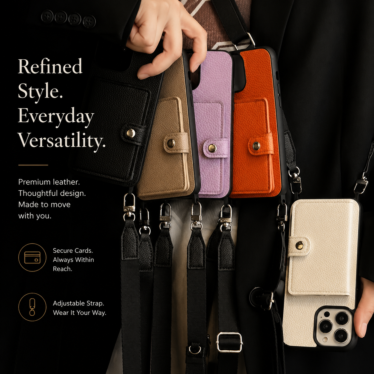 Premium iPhone Case Leather Crossbody Wallet Cover Card Holder Coin Purse Lanyard Strap Shockproof Protective Magnetic Closure Full Coverage Design