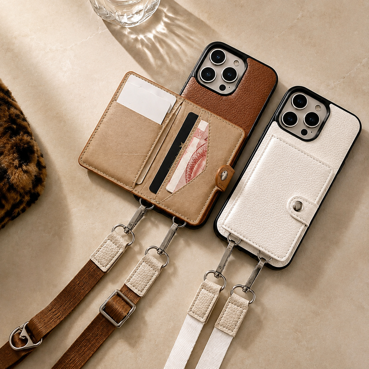 Premium iPhone Case Leather Crossbody Wallet Cover Card Holder Coin Purse Lanyard Strap Shockproof Protective Magnetic Closure Full Coverage Design