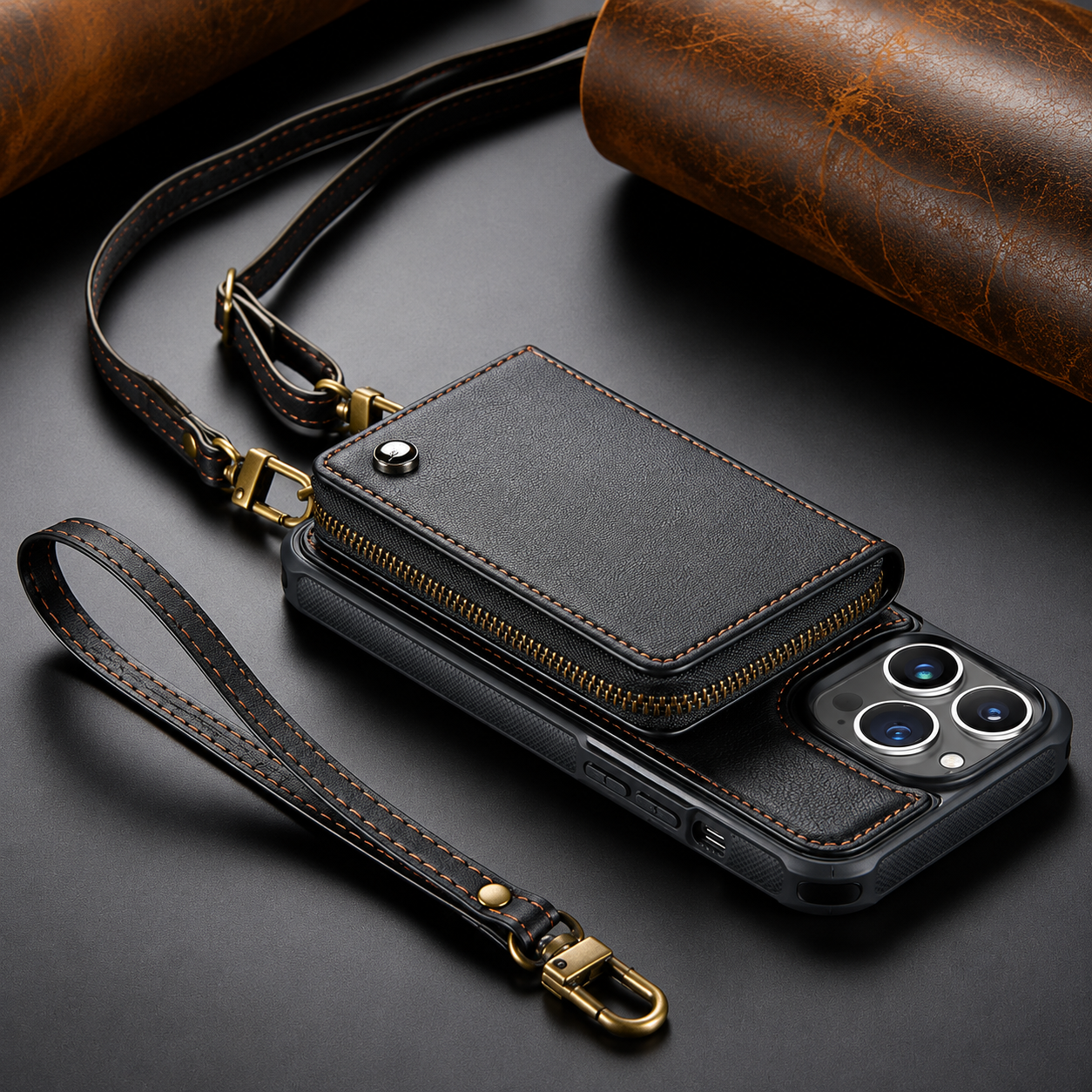 Premium iPhone Case Leather Crossbody Wallet Cover Card Holder Stand Function Lanyard Strap Shockproof Protective Magnetic Closure Full Coverage Design