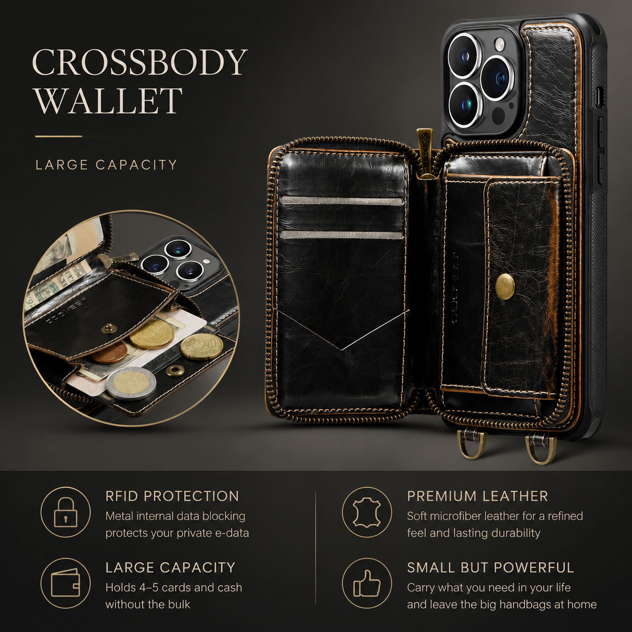 Premium iPhone Case Leather Crossbody Wallet Cover Card Holder Stand Function Lanyard Strap Shockproof Protective Magnetic Closure Full Coverage Design