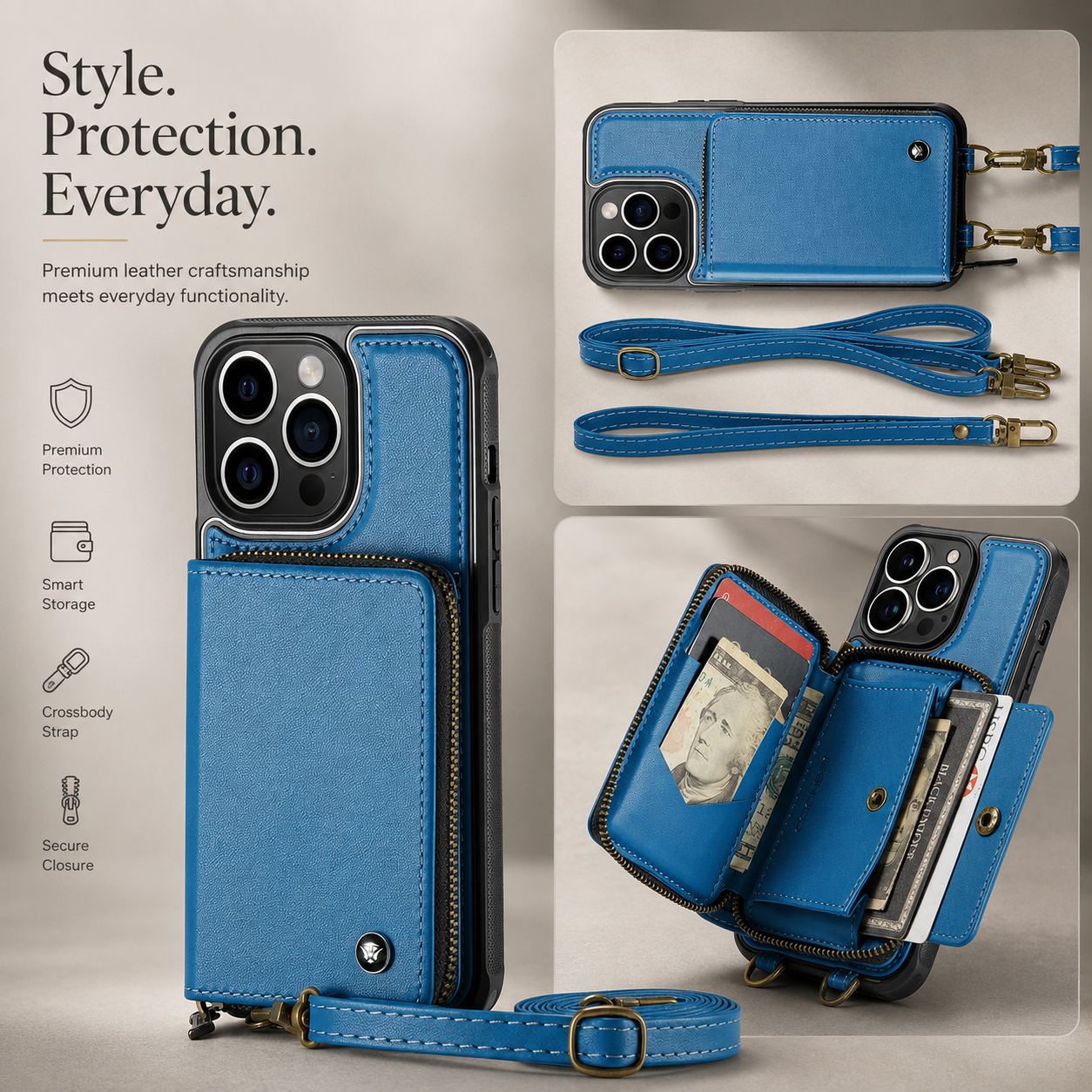 Premium iPhone Case Leather Crossbody Wallet Cover Card Holder Stand Function Lanyard Strap Shockproof Protective Magnetic Closure Full Coverage Design