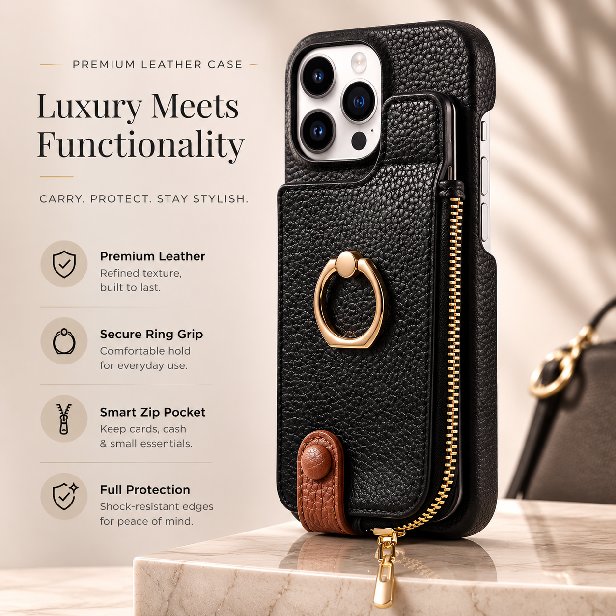 Premium iPhone Case Leather Zipper Wallet Cover Card Holder Ring Kickstand Magnetic Closure Shockproof Anti Fingerprint Protective Design