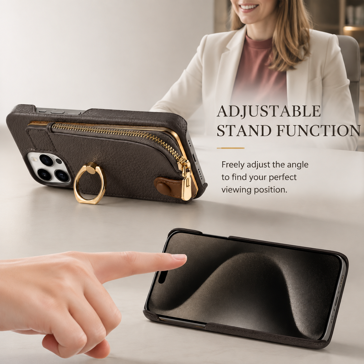 Premium iPhone Case Leather Zipper Wallet Cover Card Holder Ring Kickstand Magnetic Closure Shockproof Anti Fingerprint Protective Design