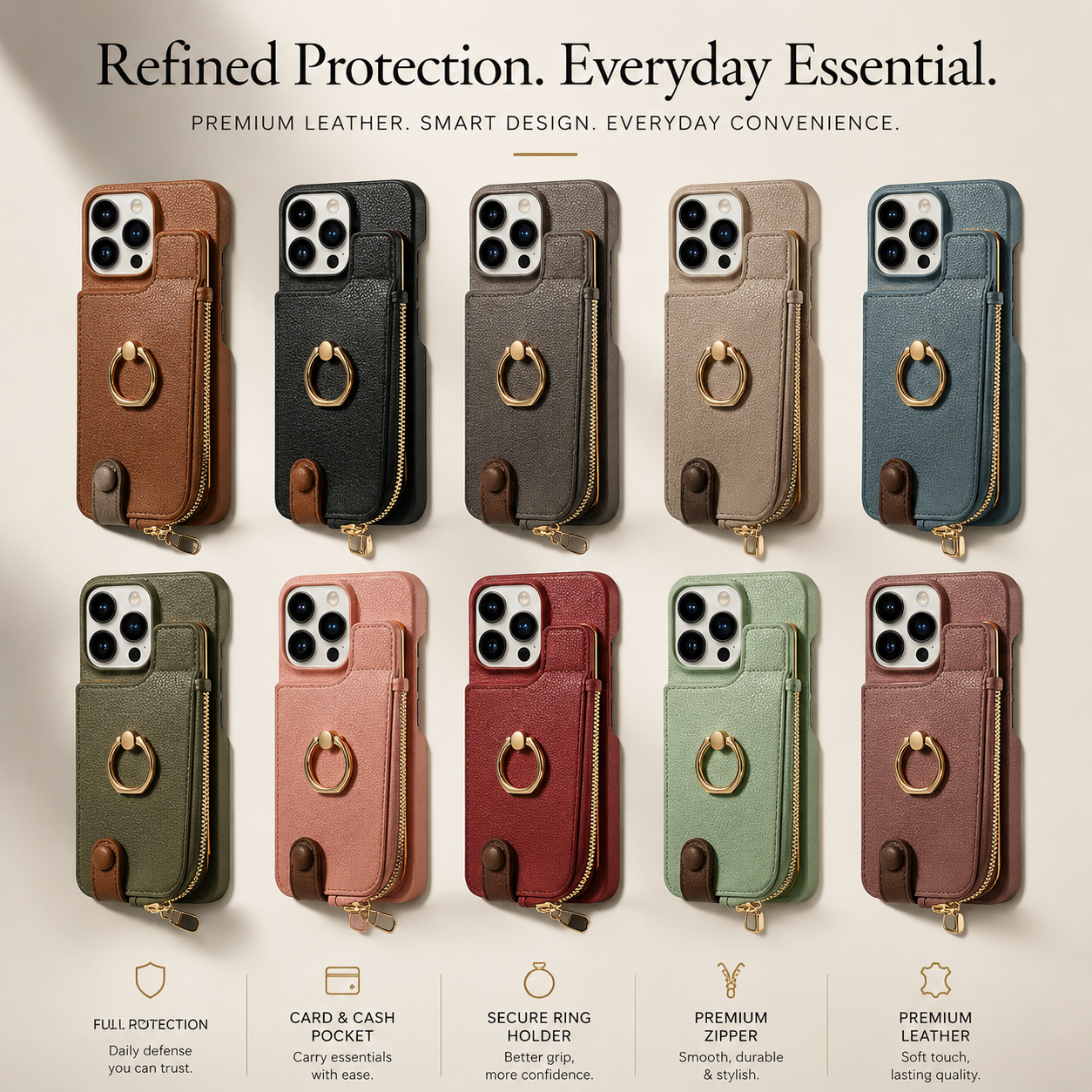 Premium iPhone Case Leather Zipper Wallet Cover Card Holder Ring Kickstand Magnetic Closure Shockproof Anti Fingerprint Protective Design