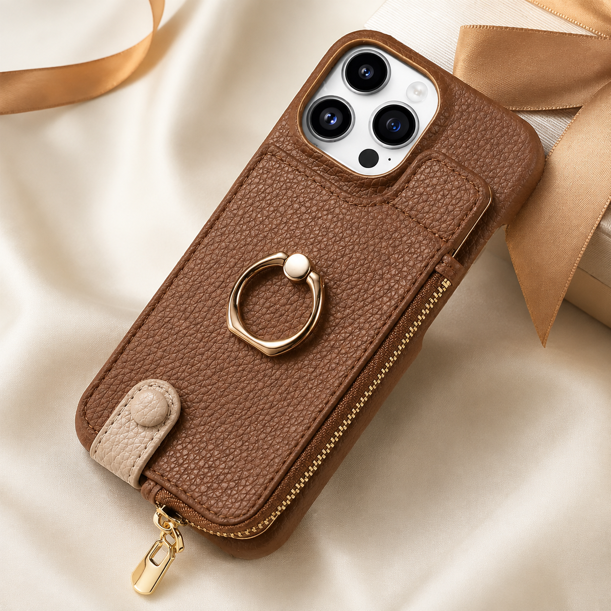 Premium iPhone Case Leather Zipper Wallet Cover Card Holder Ring Kickstand Magnetic Closure Shockproof Anti Fingerprint Protective Design