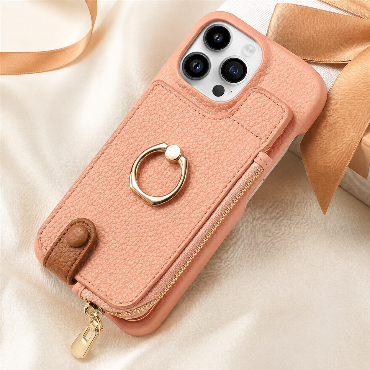 Premium iPhone Case Leather Zipper Wallet Cover Card Holder Ring Kickstand Magnetic Closure Shockproof Anti Fingerprint Protective Design