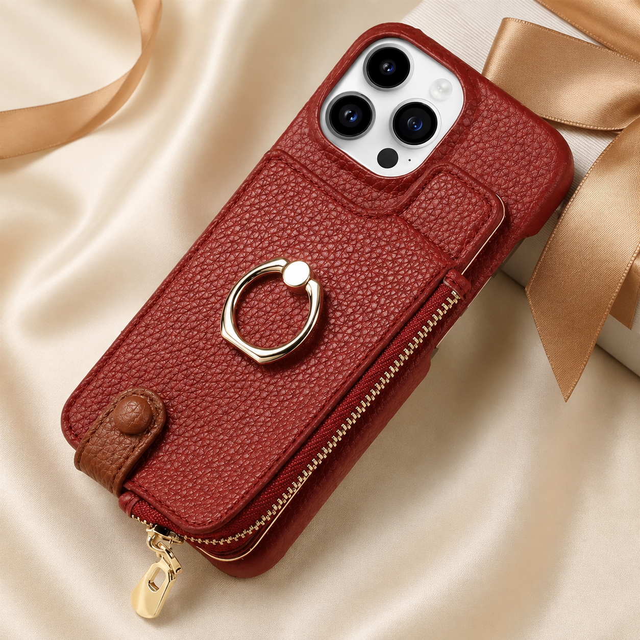 Premium iPhone Case Leather Zipper Wallet Cover Card Holder Ring Kickstand Magnetic Closure Shockproof Anti Fingerprint Protective Design