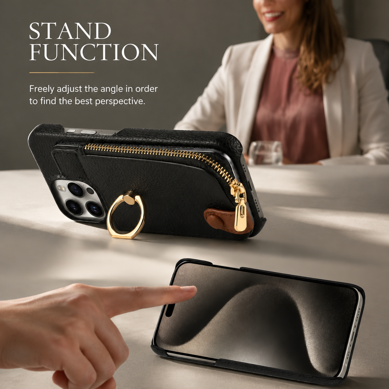 Premium iPhone Case Leather Zipper Wallet Cover Card Holder Ring Kickstand Magnetic Closure Shockproof Anti Fingerprint Protective Design