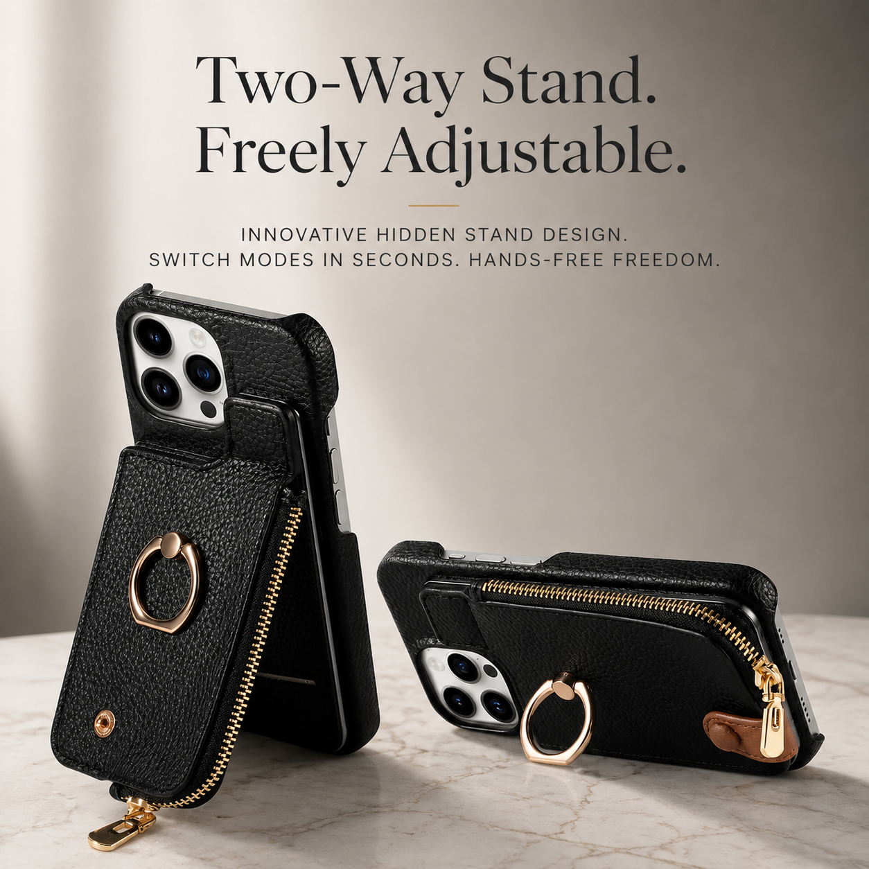 Premium iPhone Case Leather Zipper Wallet Cover Card Holder Ring Kickstand Magnetic Closure Shockproof Anti Fingerprint Protective Design