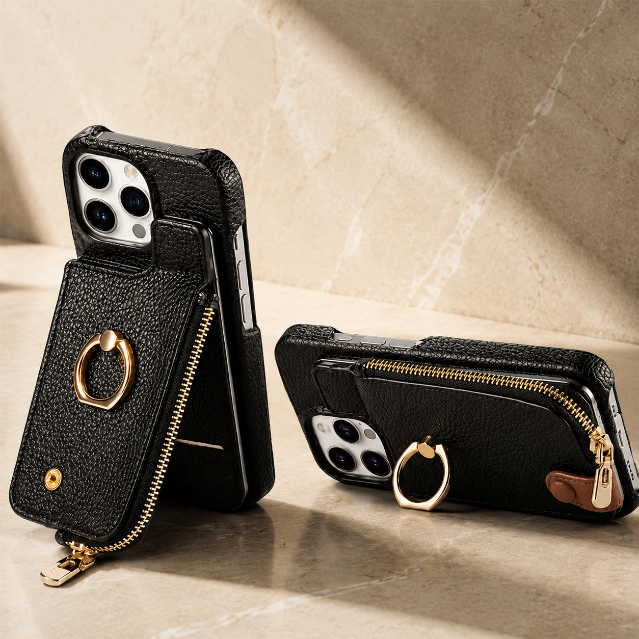 Premium iPhone Case Leather Zipper Wallet Cover Card Holder Ring Kickstand Shockproof Protective Case Magnetic Closure Full Coverage Design