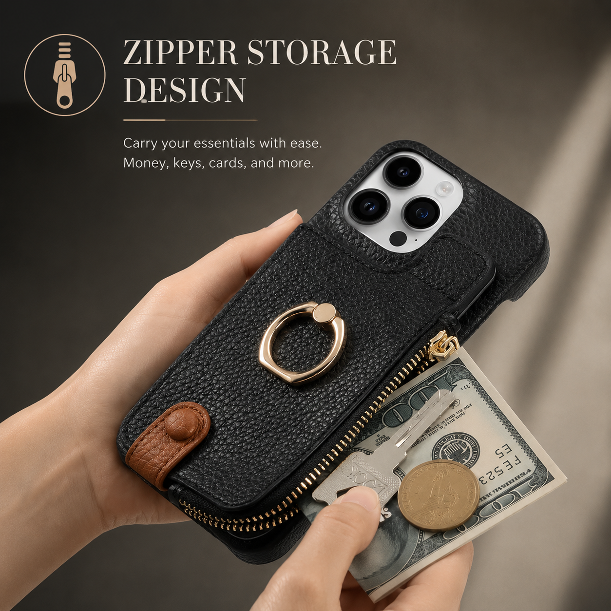 Premium iPhone Case Leather Zipper Wallet Cover Card Holder Ring Kickstand Shockproof Protective Case Magnetic Closure Full Coverage Design