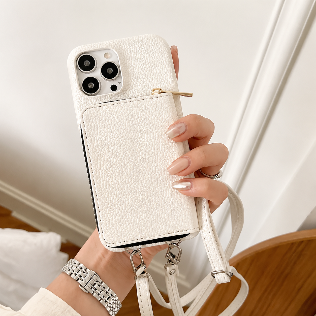 Premium iPhone Case Leather Zipper Wallet Crossbody Cover Card Holder Shoulder Strap Shockproof Protective Magnetic Closure Full Coverage Design