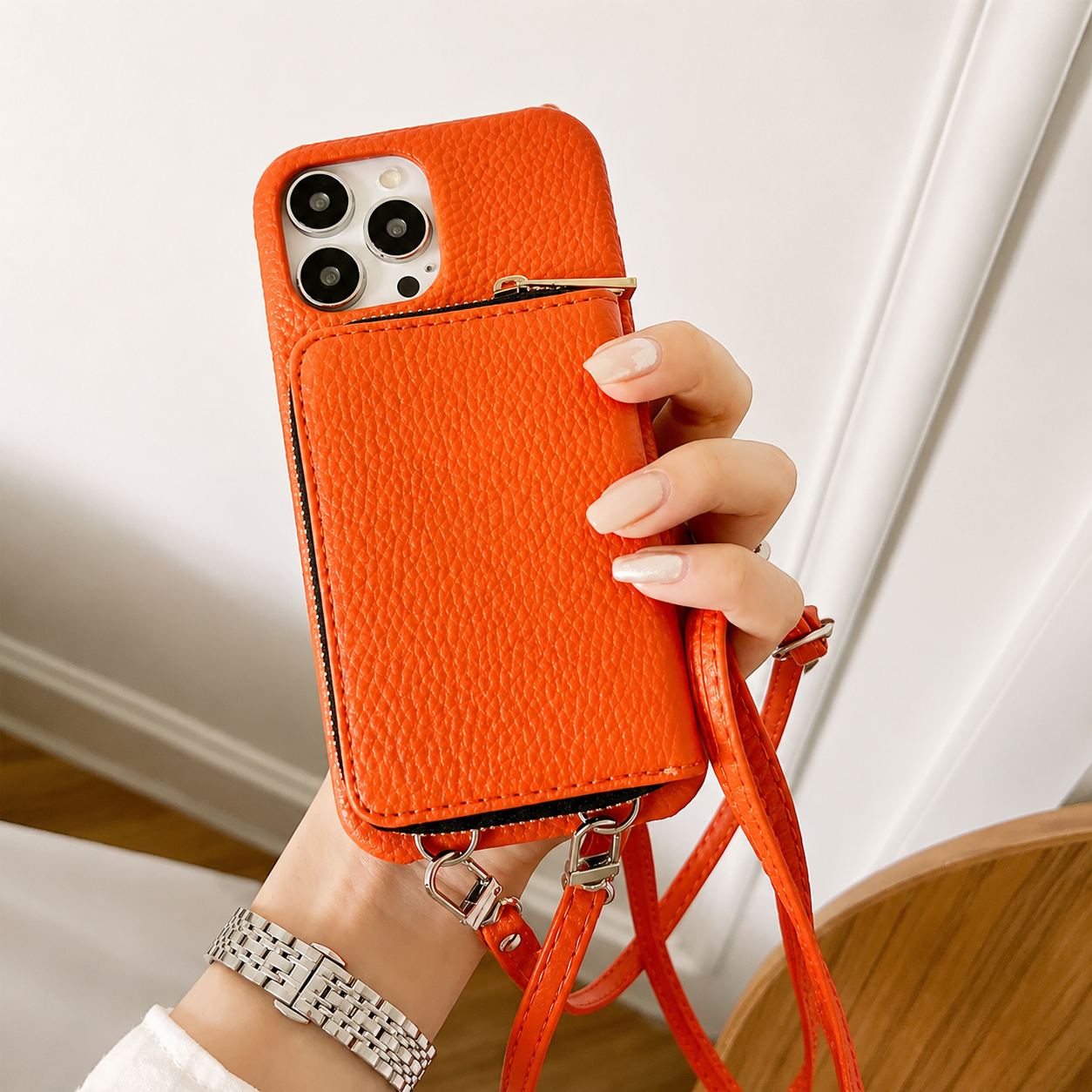 Premium iPhone Case Leather Zipper Wallet Crossbody Cover Card Holder Shoulder Strap Shockproof Protective Magnetic Closure Full Coverage Design