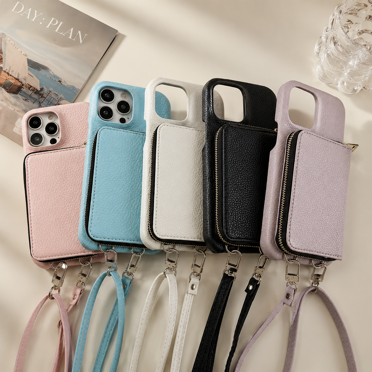 Premium iPhone Case Leather Zipper Wallet Crossbody Cover Card Holder Shoulder Strap Shockproof Protective Magnetic Closure Full Coverage Design