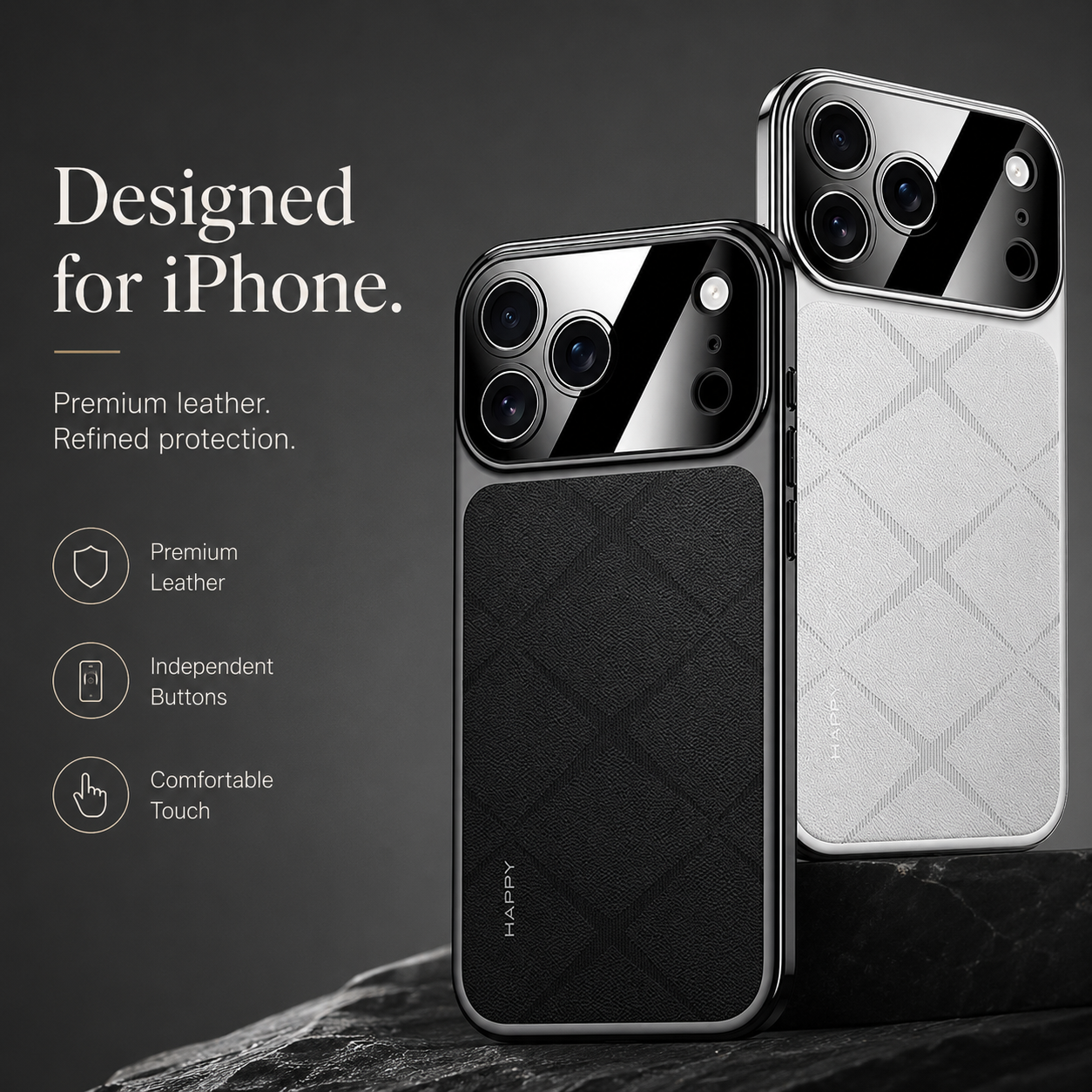 Premium iPhone Case Luxury Leather Frame Plating Protective Cover Shockproof Bumper Camera Lens Protection Anti Scratch Slim Full Coverage