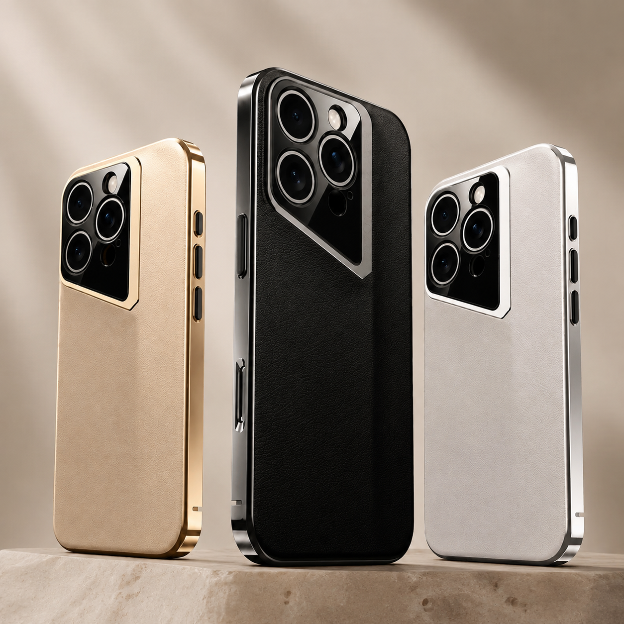 Premium iPhone Case Luxury PU Leather Electroplated Finish Ultra Thin Shockproof Protective Cover Camera Lens Protection Slim Hard Back Full Coverage