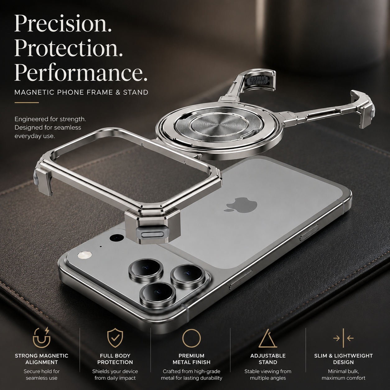 Premium iPhone Case MagSafe Compatible Aluminum Frame Protective Cover 360 Rotating Stand Ring Shockproof Magnetic Kickstand Slim Minimal Design