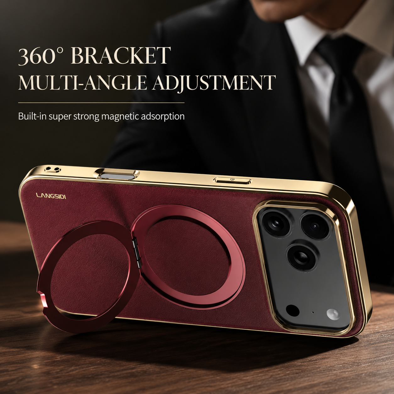 Premium iPhone Case MagSafe Compatible Cowhide Leather Cover with 360° Rotating Ring Holder Camera Lens Protection Shockproof PC TPU Slim Design Style