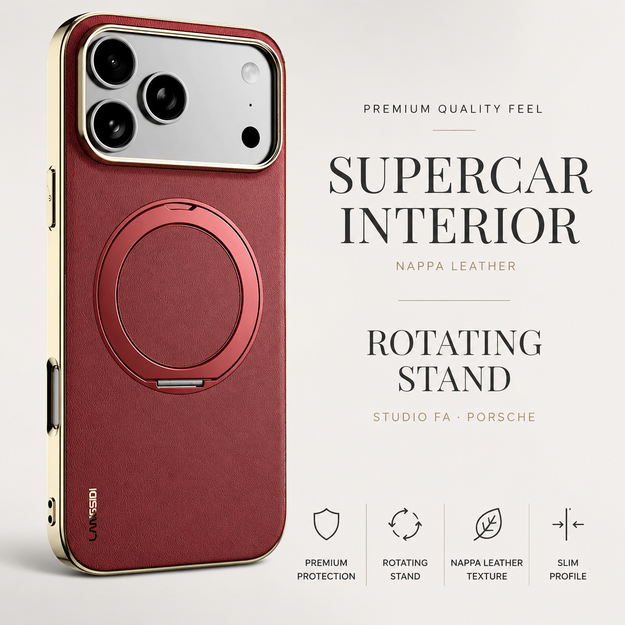 Premium iPhone Case MagSafe Compatible Cowhide Leather Cover with 360° Rotating Ring Holder Camera Lens Protection Shockproof PC TPU Slim Design Style