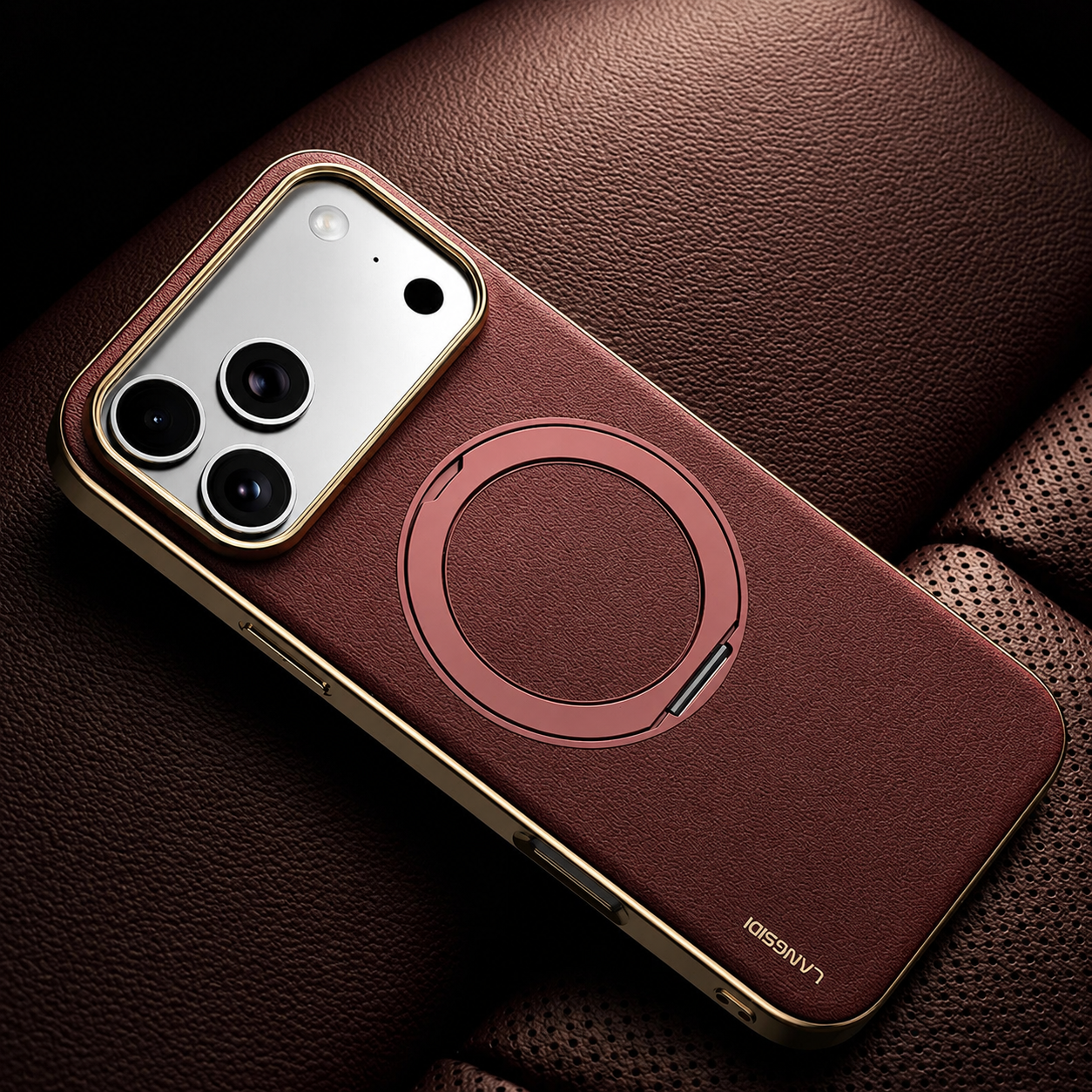 Premium iPhone Case MagSafe Compatible Cowhide Leather Cover with 360° Rotating Ring Holder Camera Lens Protection Shockproof PC TPU Slim Design Style