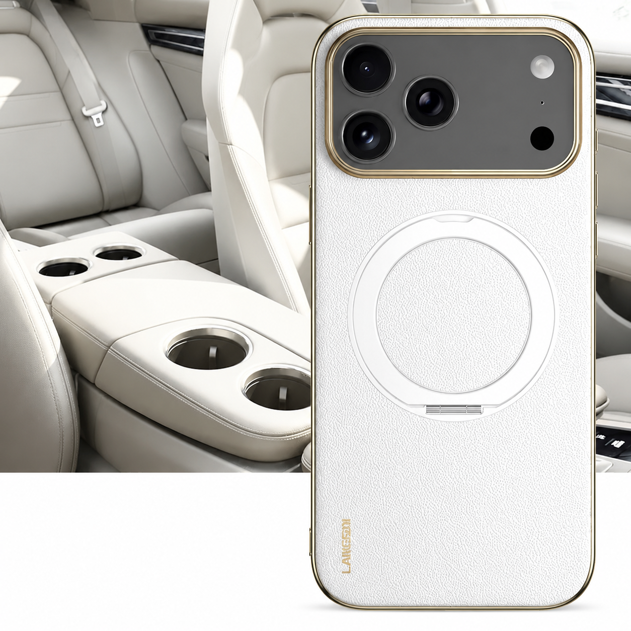 Premium iPhone Case MagSafe Compatible Cowhide Leather Cover with 360° Rotating Ring Holder Camera Lens Protection Shockproof PC TPU Slim Design Style