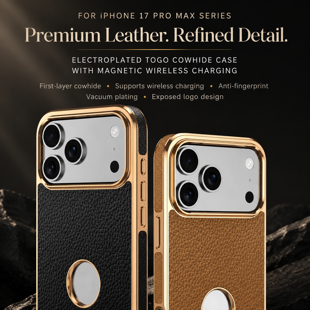 Premium iPhone Case MagSafe Compatible Cowhide Leather Cover with Lychee Texture Slim Protective Design Anti Fingerprint Non Slip Grip Durable Finish