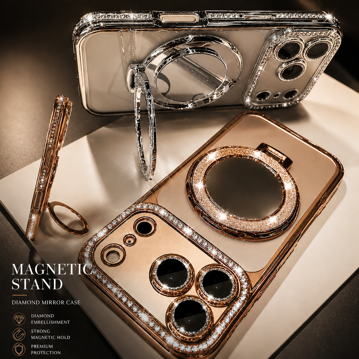 Premium iPhone Case MagSafe Compatible Diamond Mirror Glitter Protective Cover Transparent Shockproof Camera Protection Anti Scratch Slim Design