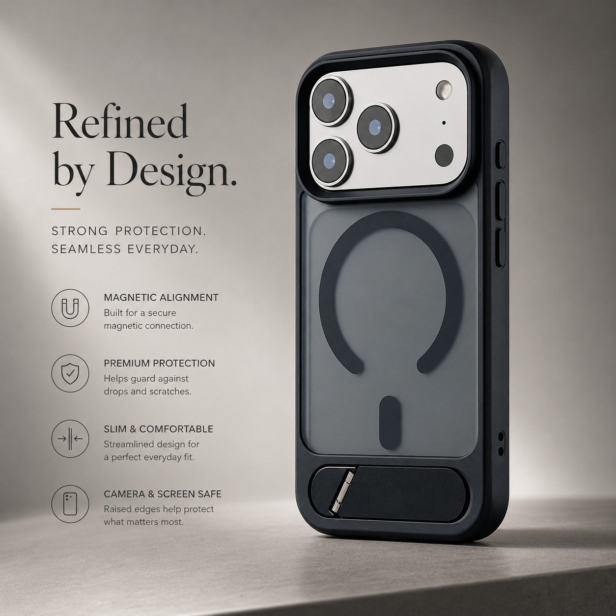 Premium iPhone Case MagSafe Compatible Foldable Stand Holder Matte PC Cover Shockproof Anti Fingerprint Magnetic Ring Non Slip Slim Protective Design