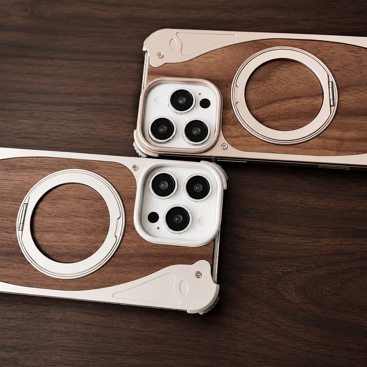 Premium iPhone Case MagSafe Compatible Magnetic Metal Frame Walnut Wood Cover 360 Rotating Ring Stand Shockproof Camera Protection Slim Design