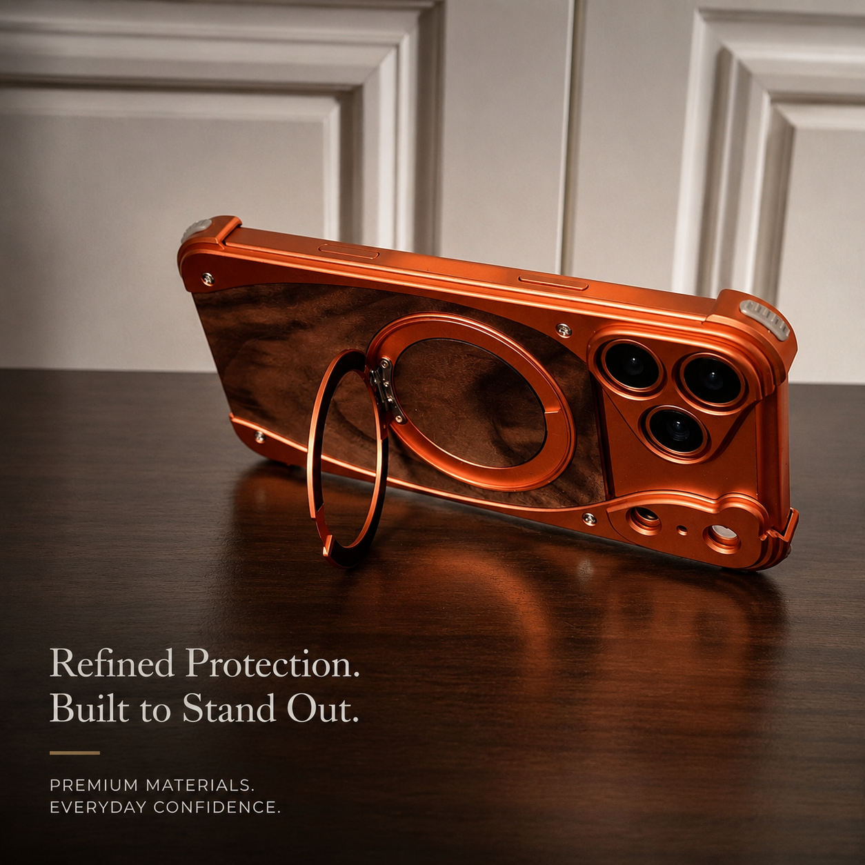 Premium iPhone Case MagSafe Compatible Magnetic Metal Frame Walnut Wood Cover 360 Rotating Ring Stand Shockproof Camera Protection Slim Design