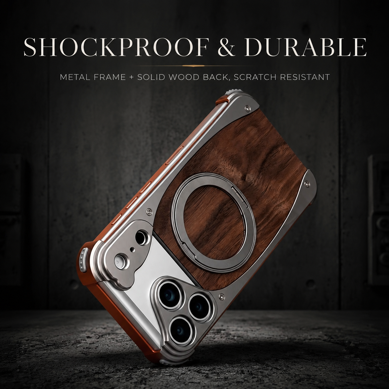 Premium iPhone Case MagSafe Compatible Magnetic Metal Frame Walnut Wood Cover 360 Rotating Ring Stand Shockproof Camera Protection Slim Design