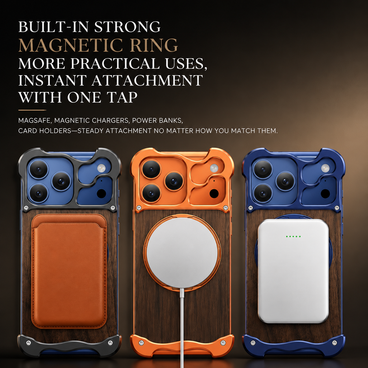 Premium iPhone Case MagSafe Compatible Magnetic Protective Cover Wood Back Aluminum Frame 360° Rotating Ring Stand Shockproof Camera Lens Guard Design