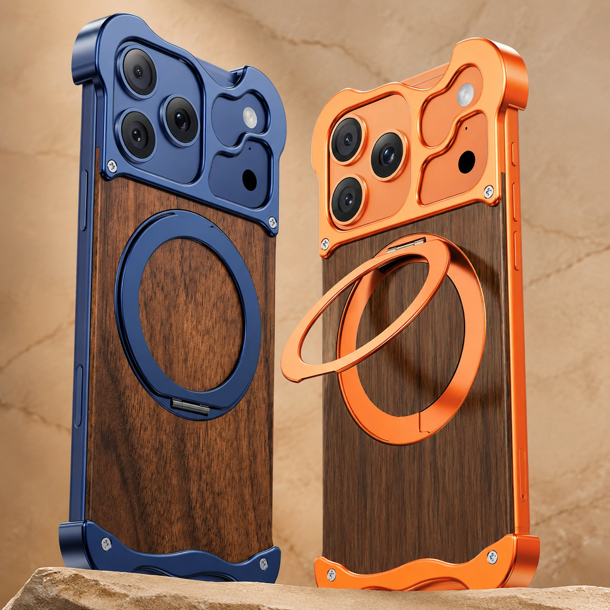 Premium iPhone Case MagSafe Compatible Magnetic Protective Cover Wood Back Aluminum Frame 360° Rotating Ring Stand Shockproof Camera Lens Guard Design