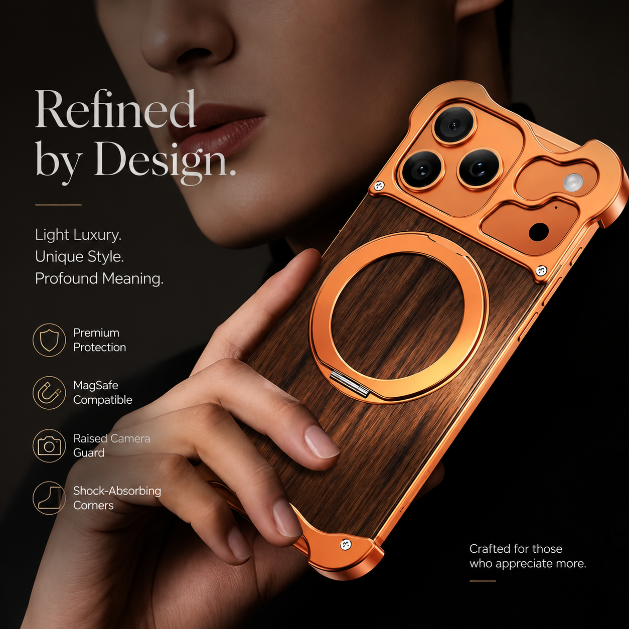 Premium iPhone Case MagSafe Compatible Magnetic Protective Cover Wood Back Aluminum Frame 360° Rotating Ring Stand Shockproof Camera Lens Guard Design